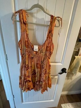 Free People Peach Floral Tie-Shoulder Mini Dress